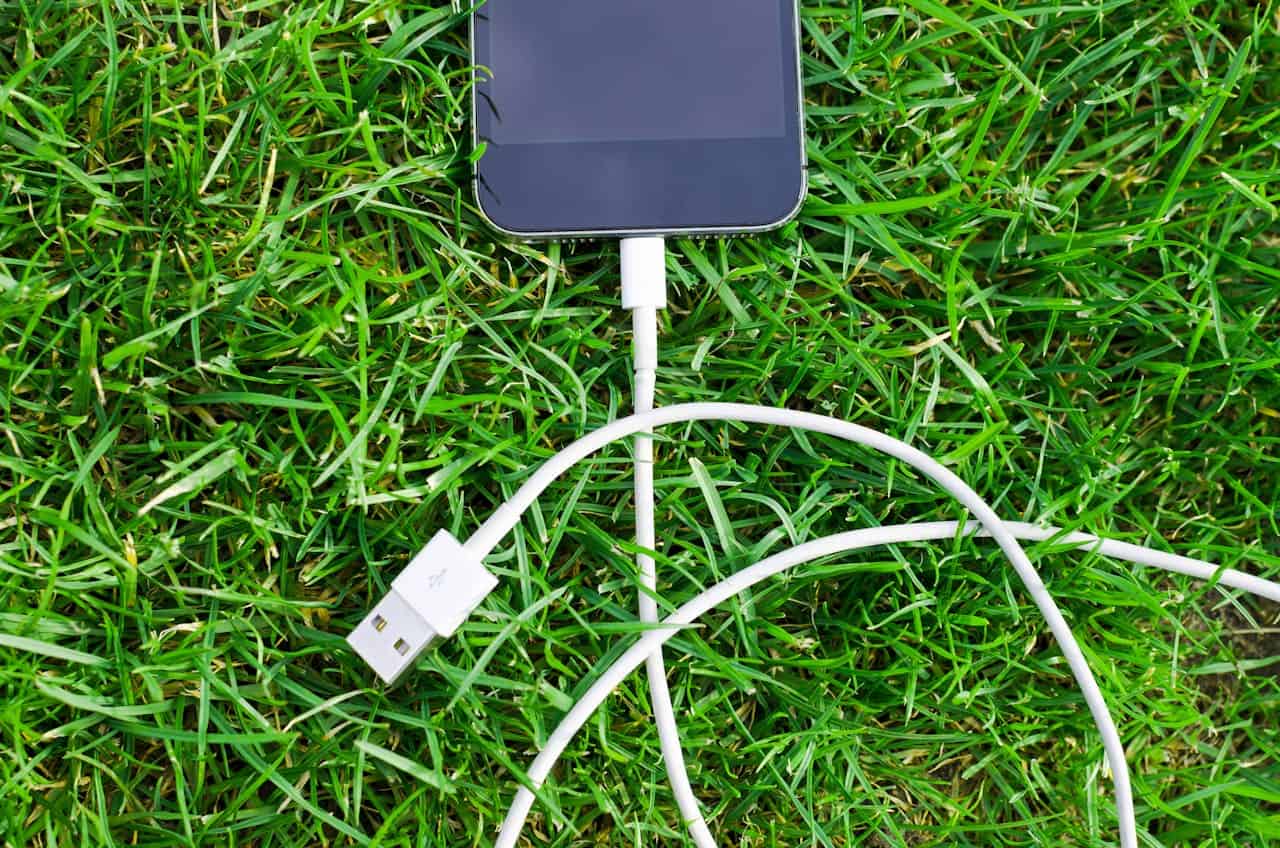 A smartphone connected to a USB cable lies on vibrant green grass, symbolizing connectivity and technology in nature.
